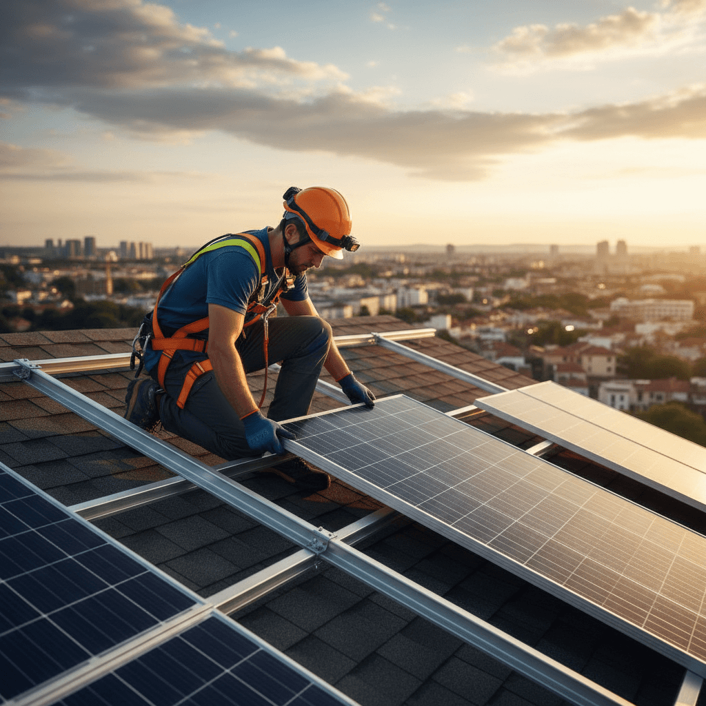 Installation de panneaux solaires par un technicien professionnel
